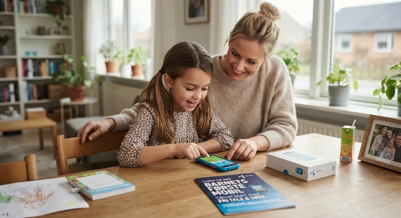 Mor og datter kigger på pigens første mobil