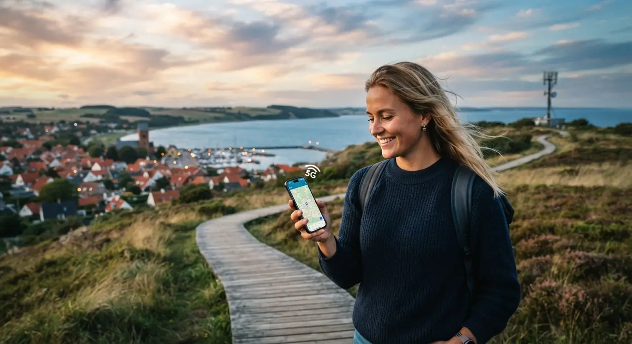 Kvinde med 5G-dækning på telefonen ved dansk kystby med mobilmast