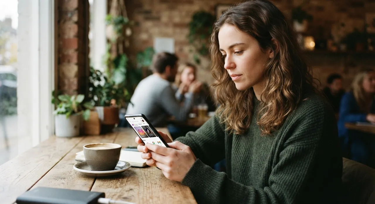 Kvinde bruger apps på sin telefon på en café