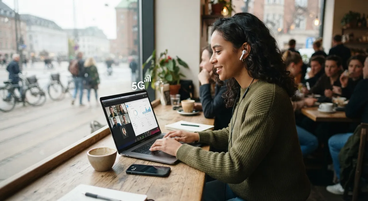 Kvinde på videomøde over 5G fra en café i København