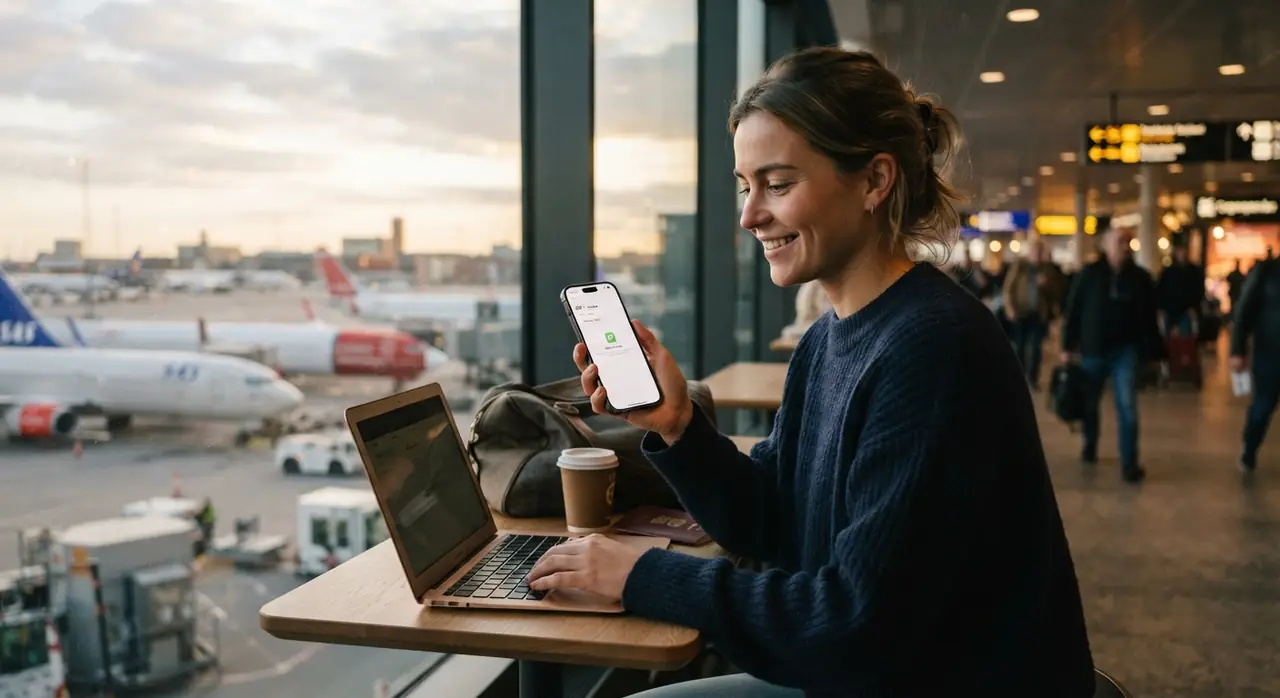 Rejsende aktiverer eSIM i en lufthavn
