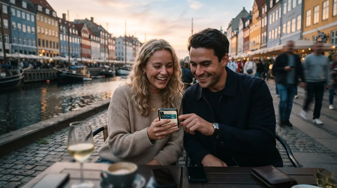 Par sammenligner mobilabonnementer på telefonen i Nyhavn i København