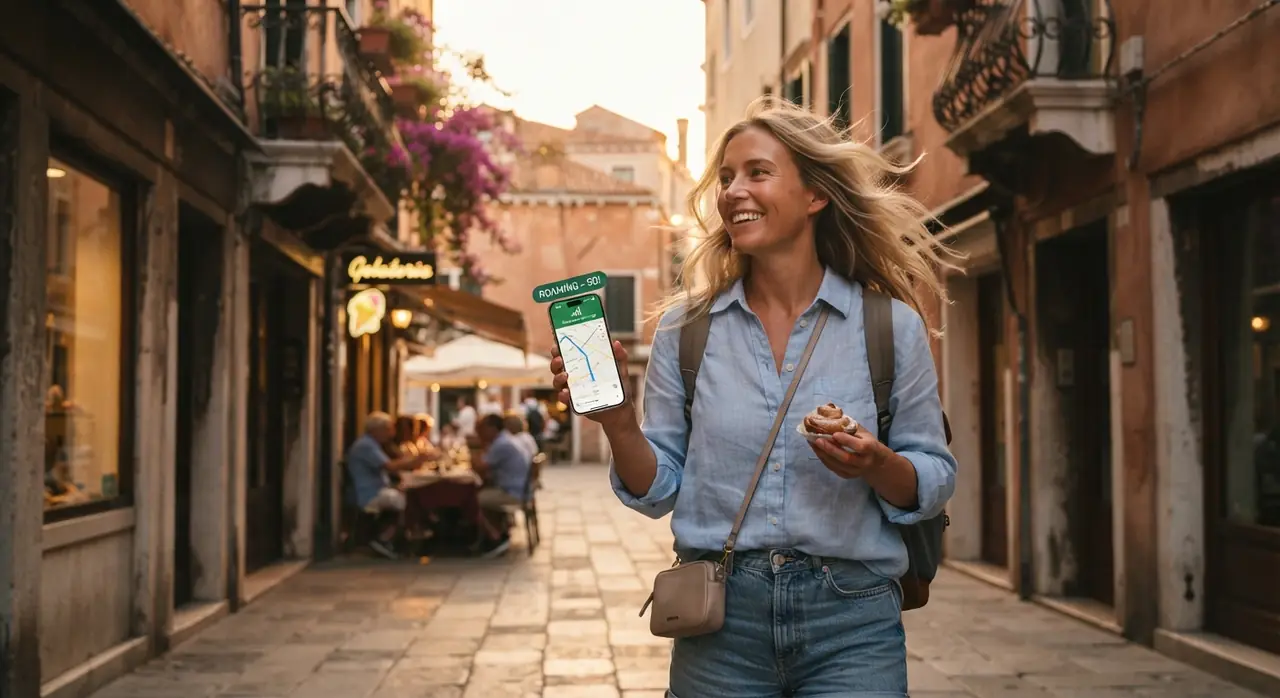 Kvinde bruger mobilen med roaming på en gade i Italien