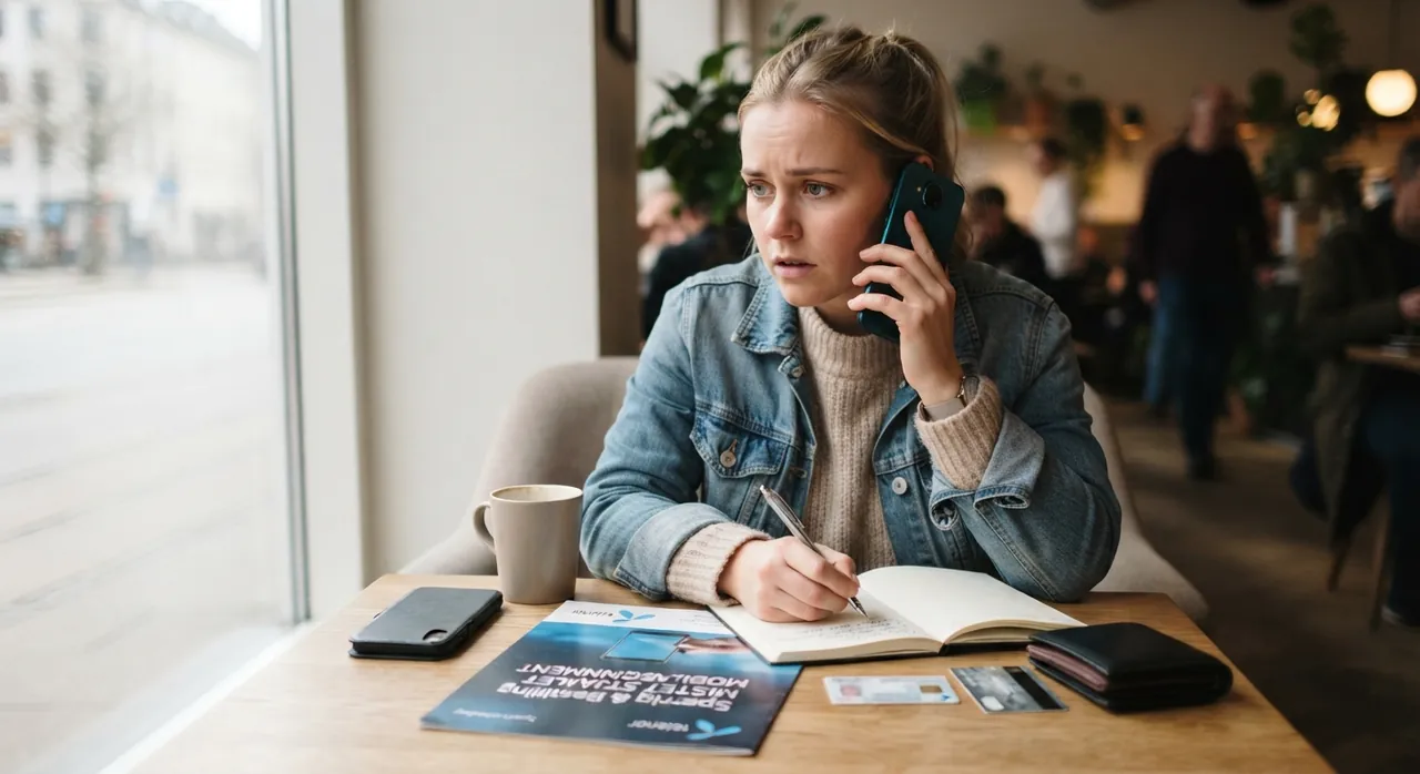 Bekymret kvinde på café ringer for at spærre sit simkort efter at have mistet sin telefon