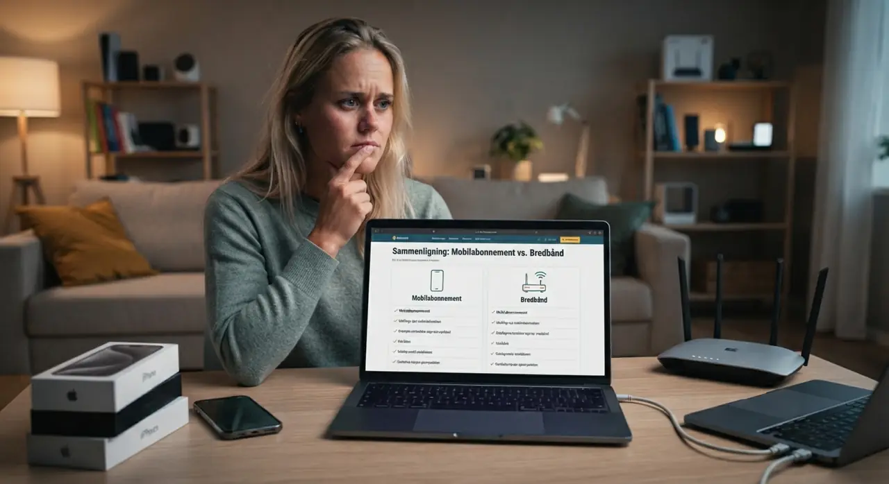 Kvinde sammenligner mobilabonnement og bredbånd derhjemme med router