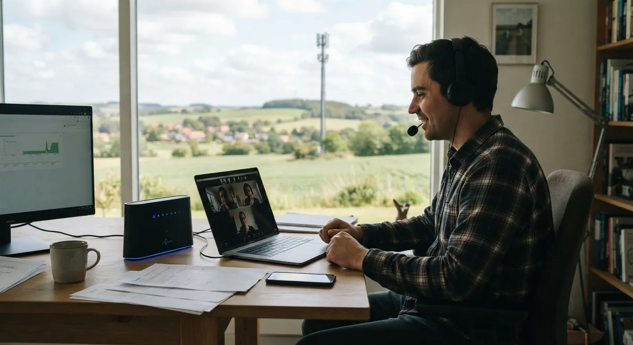 Mand på videomøde med 5G-router på hjemmekontor på landet