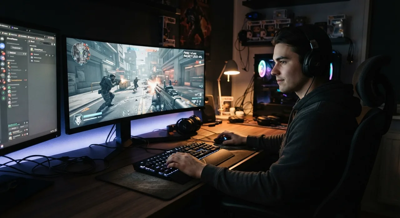 Ung mand spiller online spil på computer