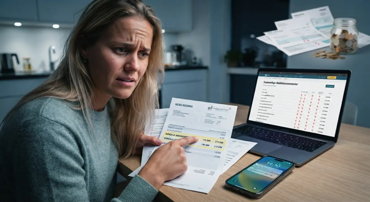 Kvinde gennemgår sin mobilregning efter en prisstigning