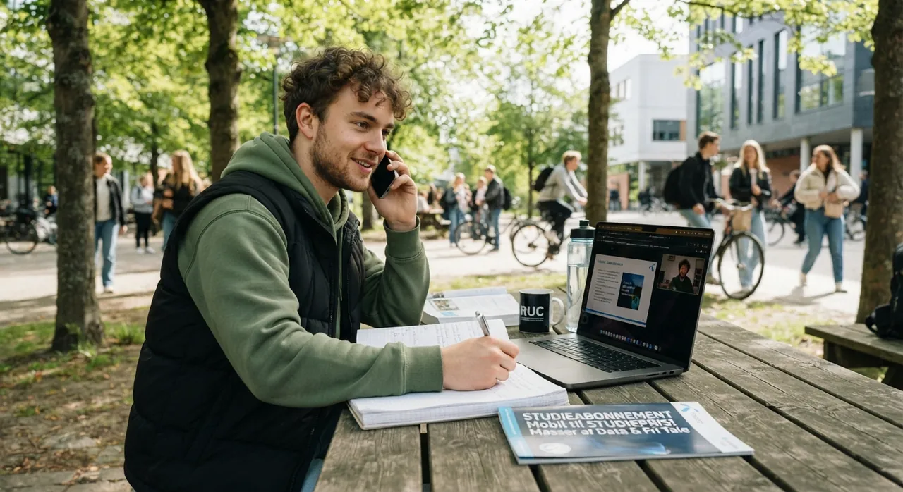 Studerende taler i telefon ved et bord på campus med laptop og notesbog