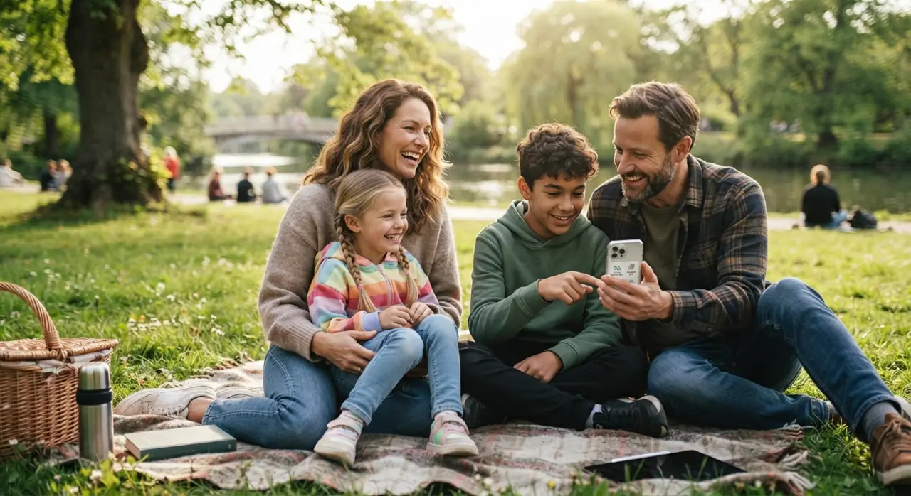 Familie i parken kigger sammen på mobilen