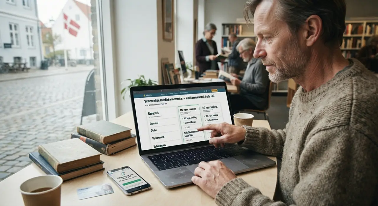 Mand undersøger mobilabonnementer på laptop på et bibliotek