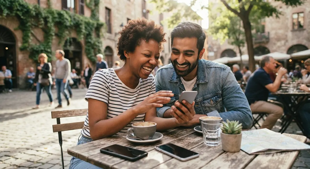 To personer sidder ved et cafébord i udlandet og aktiverer et abonnement på telefonen