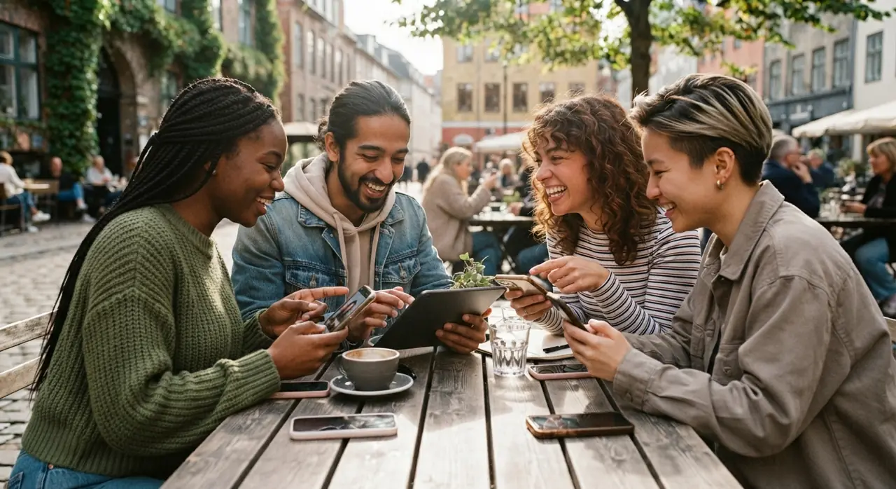 Kvinde sidder i en have med sin telefon og en kop kaffe på bordet