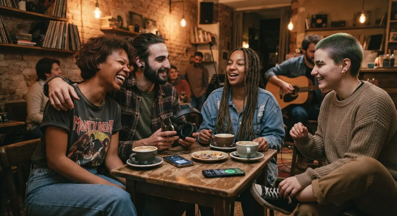 Gruppe venner sidder på en café med hovedtelefoner og musik på telefonen