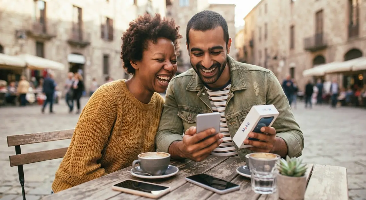 Par sidder ved et cafébord og pakker en ny mobiltelefon ud sammen