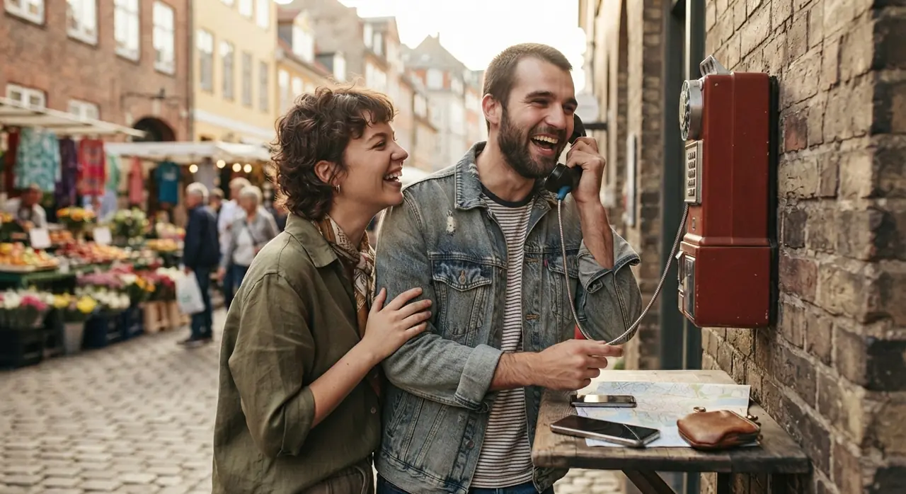 Par ved en gammel mønttelefon på et marked i en dansk by