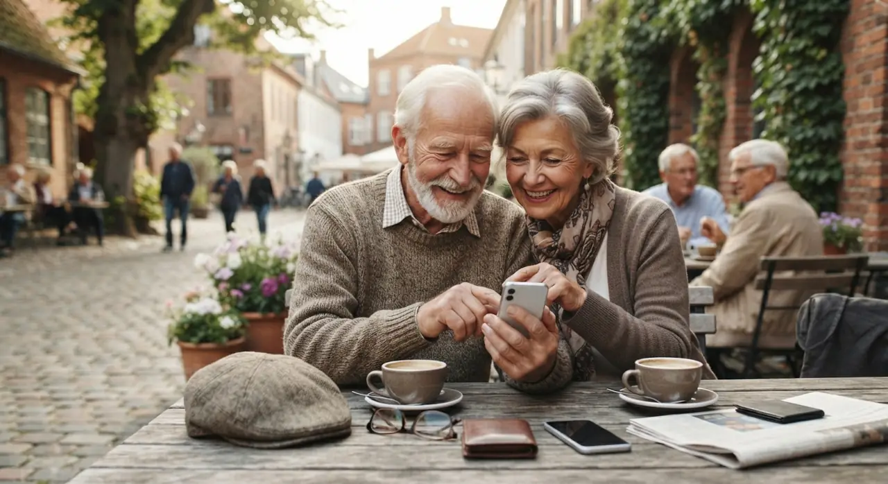 Ældre par sidder ved et cafébord i en dansk by og kigger sammen på en mobiltelefon