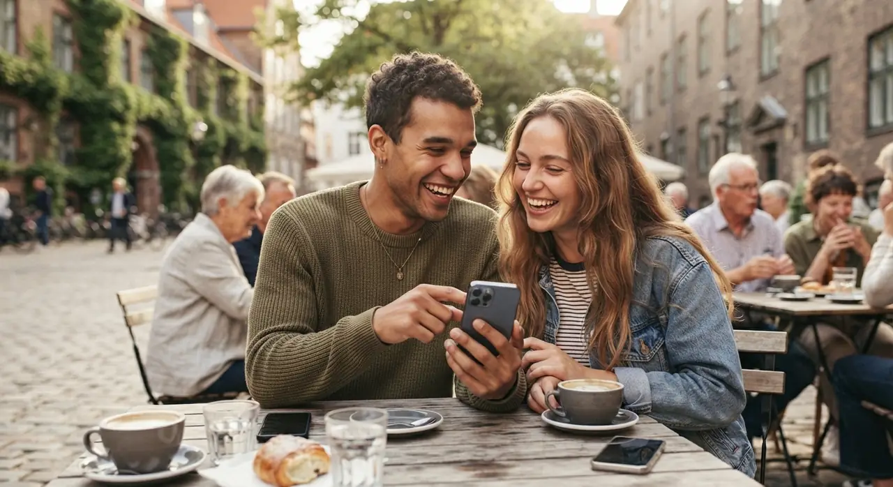 Ungt par griner sammen over en mobiltelefon ved et cafébord på en brostensgade i en dansk by